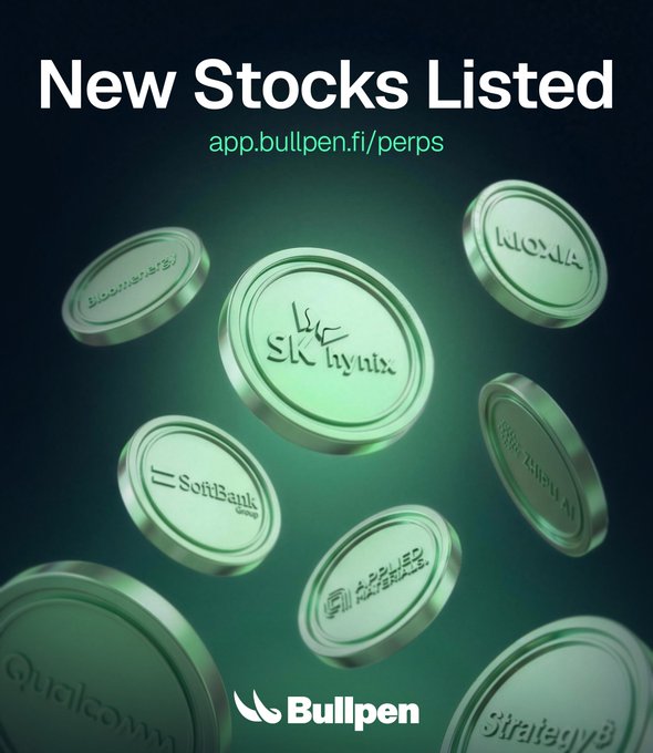A dark green promotional graphic for Bullpen announces "New Stocks Listed" with the URL app.bullpen.fi/perps, featuring floating green tokens engraved with company names including SK hynix, Bloom Energy, Nvidia, SoftBank Group, Applied Materials, Qualcomm, Strategy, and Marvell, visually representing the newly tradeable stocks mentioned in the post.