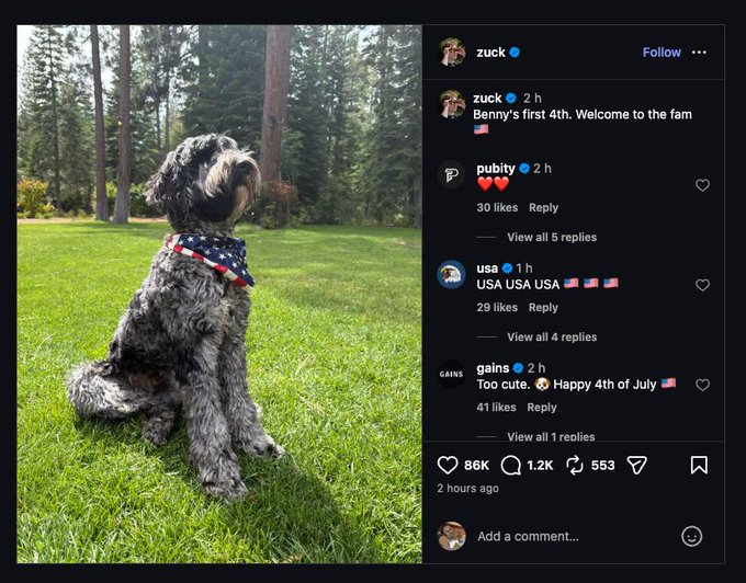 Instagram post by 'zuck' (Mark Zuckerberg) showing a dog wearing an American flag bandana, with comments from 'purrity', 'usa', and 'gains' celebrating the 4th of July.