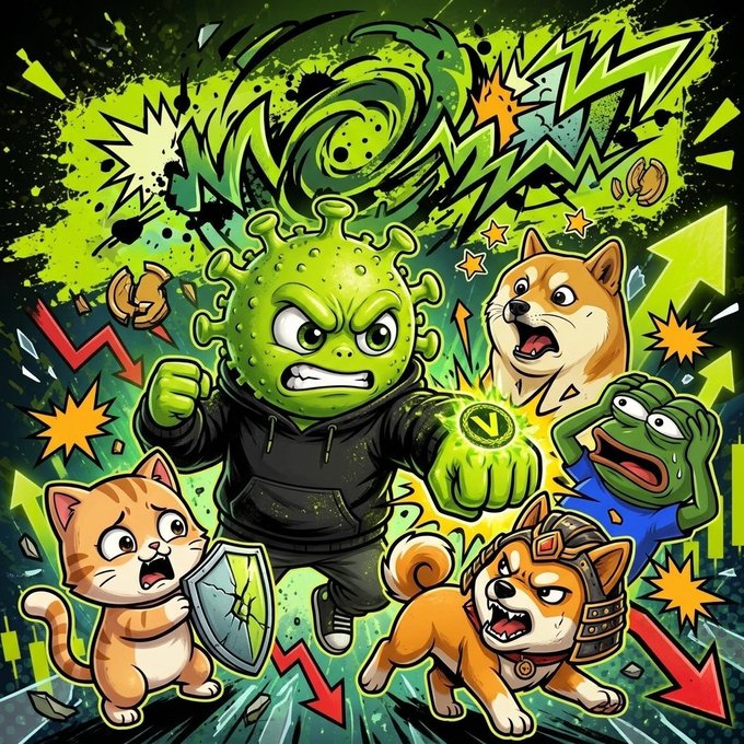 A vibrant cartoon-style meme illustration featuring a green virus-like character in a hoodie alongside anxious Doge and Shiba Inu dogs, surrounded by chaotic price arrows and crypto coins.