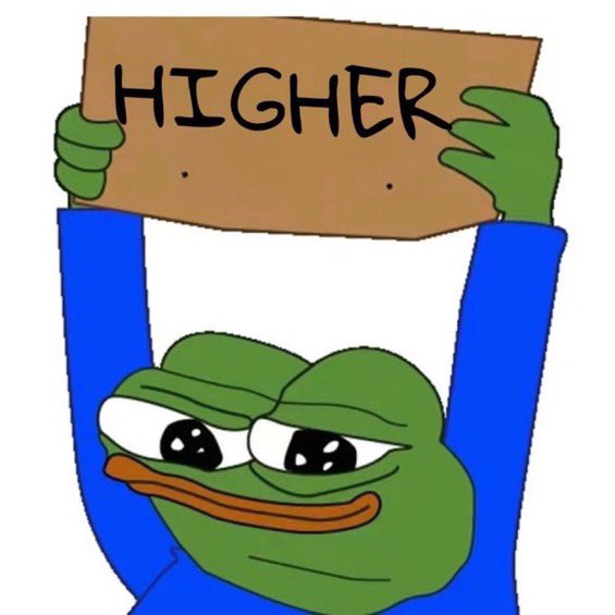 A cartoon illustration of Pepe the Frog with sad eyes holding up a cardboard sign that reads 'HIGHER'.