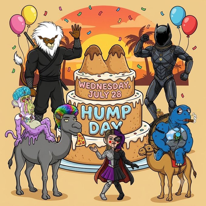 A colorful cartoon illustration celebrating 'HUMP DAY WEDNESDAY, JULY 28' featuring a tiered cake with a camel, a rasta alpaca, an anime girl, a furry ninja, Black Panther, and a blue dinosaur on a camel.