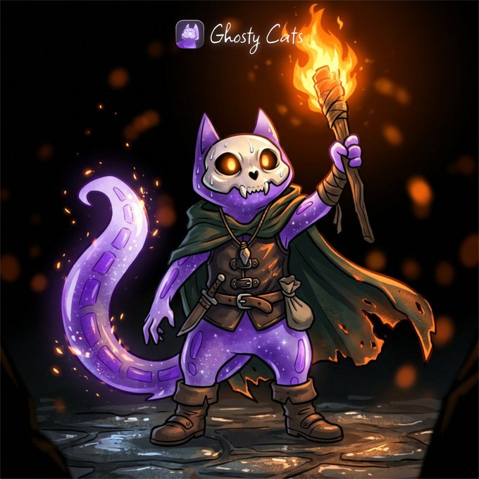 A purple "Ghosty Cats" mascot character wearing a skull mask and cloak wields a flaming torch, with the "Ghosty Cats" logo displayed at the top of the image. The torch symbolizes the project's forward momentum as they prepare to ignite their NFT migration to RobinhoodCrypto and announce upcoming collaborations.