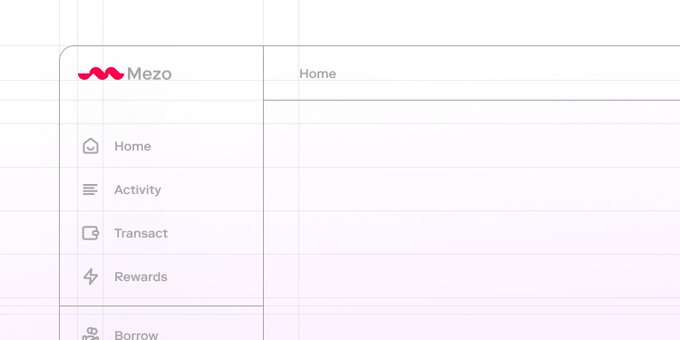 A screenshot of the Mezo app sidebar menu, displaying the newly reorganized navigation with tabs for Home, Activity, Transact (housing Withdraw and Send), Rewards, and Borrow. The layout visually supports the updated interface mentioned in the post, showing the app's streamlined menu structure for easier navigation.