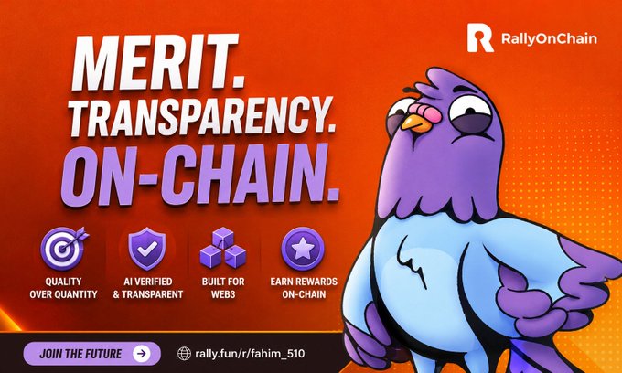 The image features a cartoon bird with a purple body and blue wings standing against an orange background. The text "RallyOnChain" is written above the bird, and there are several other words related to marketing and rewards scattered throughout the image.