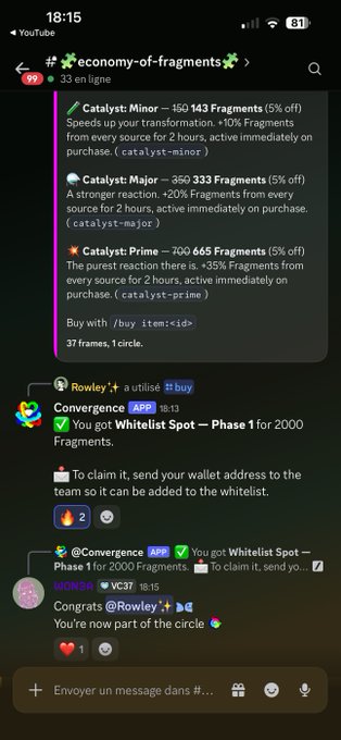 A Discord chat screenshot shows a user purchasing 'Catalyst: Prime' for 700 445 Fragments in the #economy-of-fragments channel and receiving a Whitelist Spot – Phase 1 for 2000 Fragments.