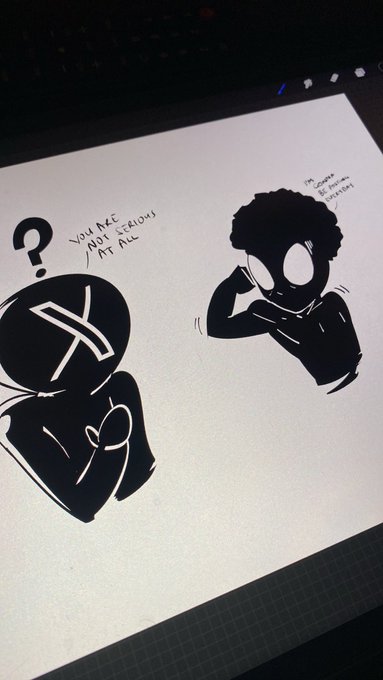 A digital sketch on a tablet screen showing two simple black figures; one with an 'X' on its face and a question mark above, captioned 'YOU ARE NOT SERIOUS AT ALL', and another with blank eyes, captioned 'I'M SORRY I WON'T BE HURT FOR ANYMORE'.