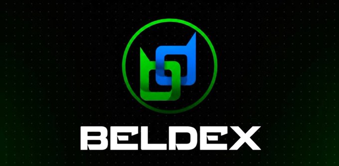 A logo display for 'BELDEX' featuring a green circular border with interlocking blue and green shapes inside, set against a black background with subtle dotted patterns.