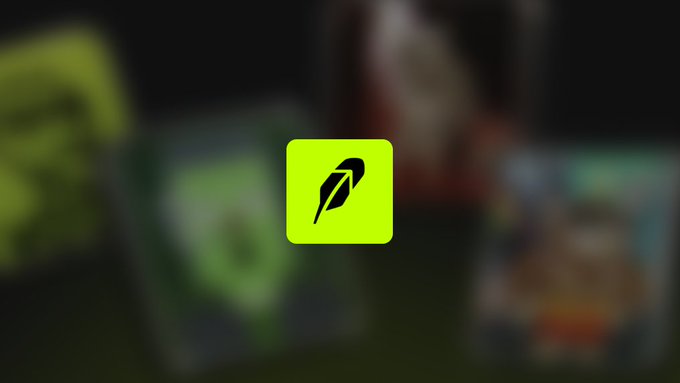 A bright green square icon featuring a black quill or feather design is centered against a dark, blurred background with indistinct colorful shapes.