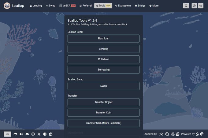 The image shows a computer screen displaying a program called "Scallop Tools" with a blue background and white text. The program's purpose seems to be related to financial transactions, lending, and borrowing, as well as transferring assets between users without writing code. It also features a menu bar with various options for managing different aspects of trading within the system. The screenshot captures the main elements of the interface, including an active "Scallop Tools" tab and a dropdown menu at the bottom part of the screen.