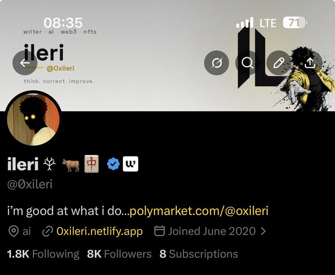 A Twitter/X profile screenshot for user "ileri" (@0xileri) shows their bio "i'm good at what i do...polymarket.com/@0xileri" with 1.8K Following, 8K Followers, and 8 Subscriptions, alongside anime-themed banner art featuring characters from One Piece and Afro Samurai—seemingly unrelated to the post declaring the user's newfound belief in $ANSEM.