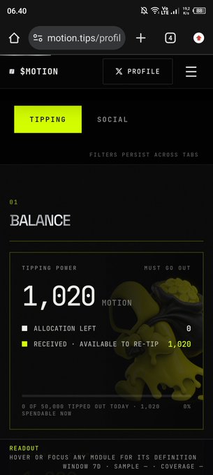 A screenshot of motion.tips showing a Tipping page for user $MOTION with 1,020 MOTION tipping power and 0 allocation left.