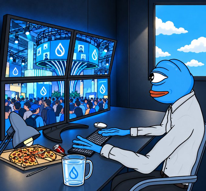 An illustration of a blue anthropomorphic character with a duck bill sitting at a desk eating pizza while working on a computer that displays a conference event branded with a water droplet logo.