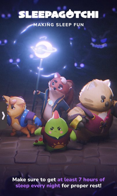 The image features a poster for a video game called "Sleeping Beauty". The poster includes three cartoon characters from the game, each with unique costumes and accessories. One character has a blue backpack while another wears a red cape. A third character is holding a staff that glows in the dark. The poster also contains text promoting the game's sleep mode feature, encouraging players to make sure they get at least 7 hours of sleep every night for better rest.