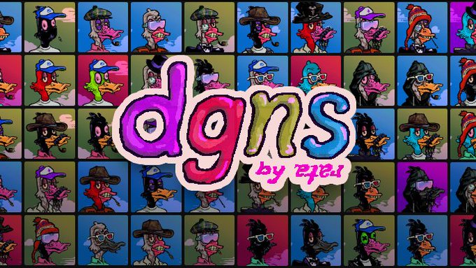 The image shows a colorful grid of cartoon duck character NFTs with various hats and accessories, prominently featuring the text "dgns by zied" in the center. The image relates to the post by advertising the dgns collection as a rare and appealing set of digital duck collectibles available on OpenSea.