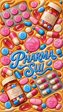 A vibrant 3D illustration featuring various pills, capsules, and pill bottles scattered across an orange background, with the stylized blue text "Pharma Suit" prominently displayed in the center.