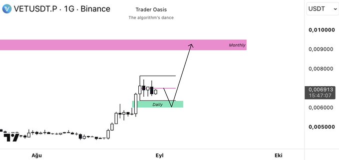 A daily candlestick chart for the VETUSDT trading pair on Binance, featuring a black arrow indicating a price target toward a pink 'Monthly' resistance zone, currently trading at 0.006913 USDT.