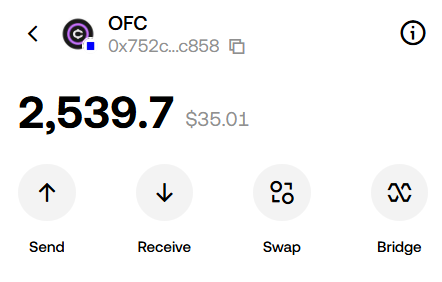 A crypto wallet interface shows a balance of 2,539.7 OFC tokens (contract address 0x752c...c858) valued at $35.01, with options to Send, Receive, Swap, or Bridge. This visualizes the user's claim of their $OFC token airdrop, confirming the $35 value mentioned in the post.