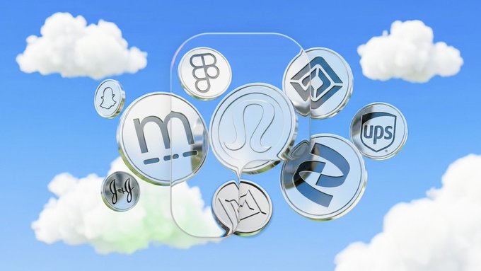 Various company logos including Snapchat, Instagram, Marriott, Lululemon, Pfizer, Johnson & Johnson, Marvell, and UPS float as silver coins against a blue sky with clouds, alongside stock tickers for the newly launched trading pairs. The image visually represents the new stock token offerings being promoted.