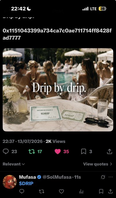 A mobile screenshot of a social media post from 'Mufasa' (@SolMufasa) referencing a meme about '$DRIP' ('Dividend Policy'), set against a dark-themed app interface.