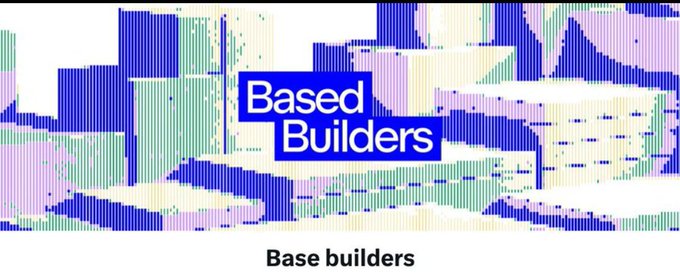 A banner reading 'Based Builders' in white text on blue squares, set against an abstract background of blue, green, pink, and white pixelated/vertical line patterns, with 'Base builders' caption text below.