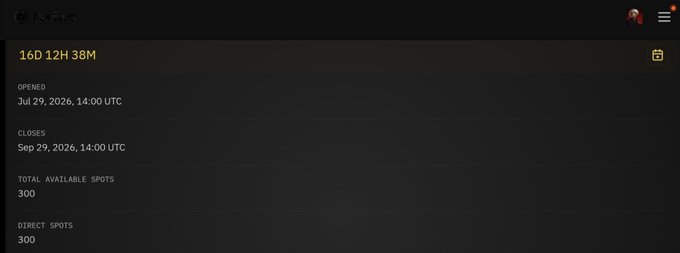 A dark interface screen displaying '160 12H 38M' with details showing it opened on Jul 29, 2026, and closes on Sep 29, 2026, with 300 total and direct spots available.