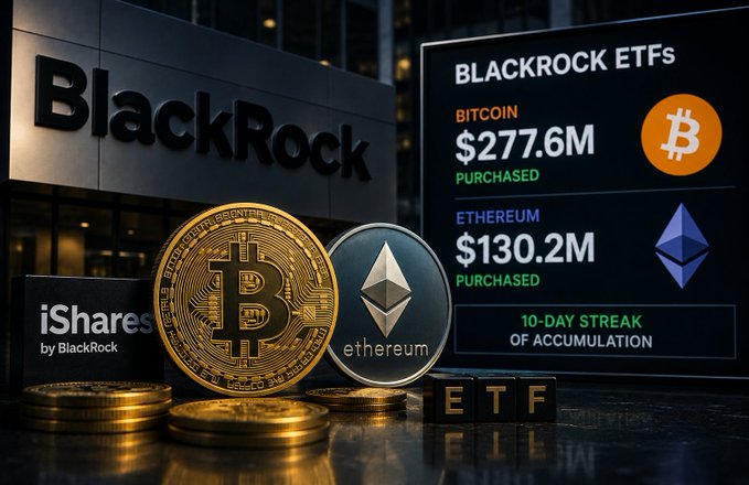 BlackRock iShares advertisement showing Bitcoin ($277.6M) and Ethereum ($130.2M) purchased via ETFs during a 10-day streak of accumulation.
