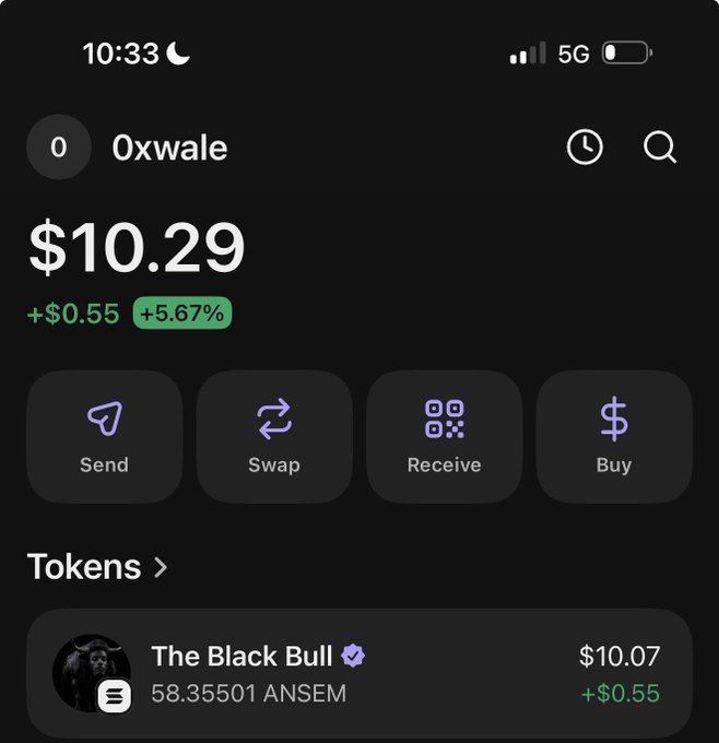 A screenshot of a crypto wallet showing a portfolio valued at $10.29 with 58.35501 ANSEM tokens (The Black Bull) worth $10.07 and up $0.55, supporting the post's commitment to holding $ANSEM toward $1.