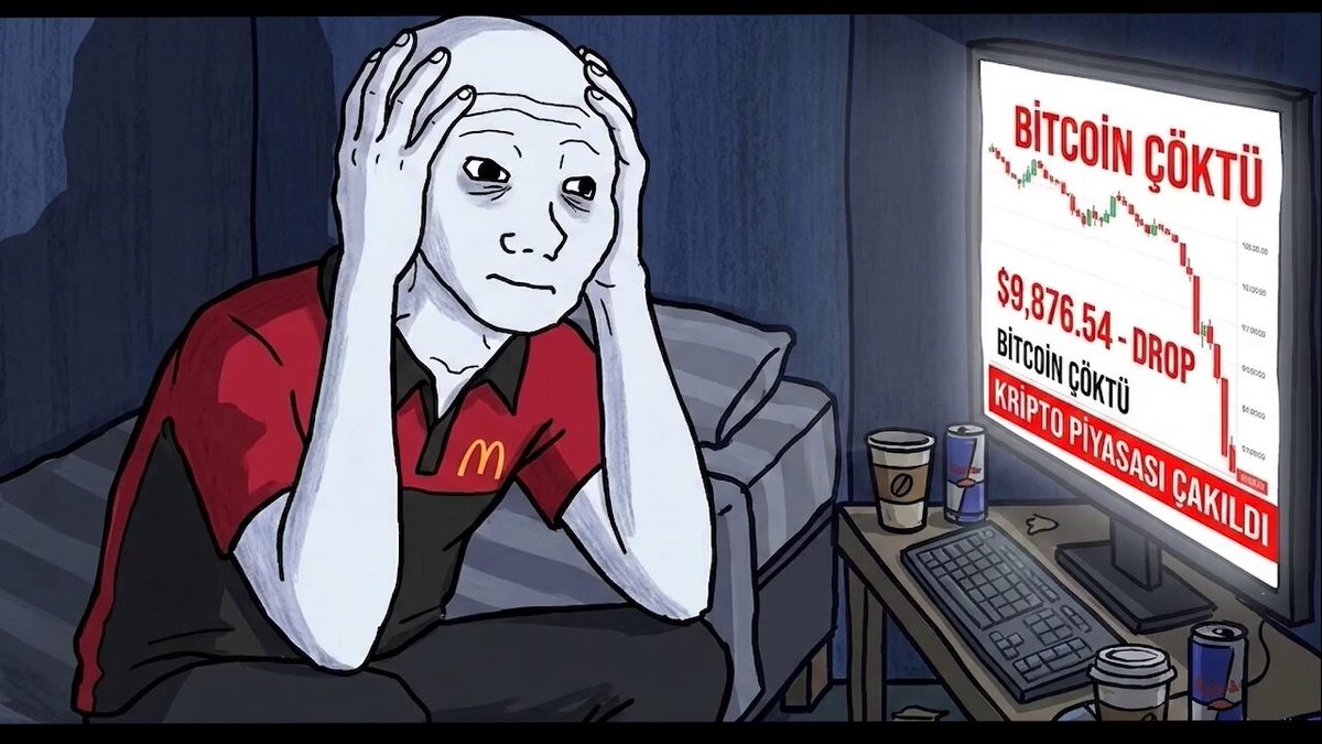 A distressed Wojak meme character in a McDonald's uniform holds his head in his hands while staring at a computer screen displaying "BİTCOİN ÇÖKTÜ" with a price of "$9,876.54 - DROP" and "KRİPTO PİYASASI ÇAKILDI," humorously illustrating the post's suggestion that failed crypto investors should quit the market and return to their fast-food jobs.