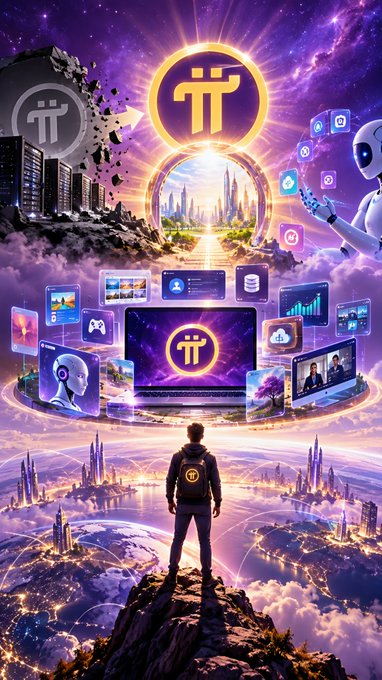 A vibrant digital artwork showing a person standing on a rocky peak overlooking a futuristic city, with floating screens, AI robots, and a glowing cryptocurrency-style logo above.