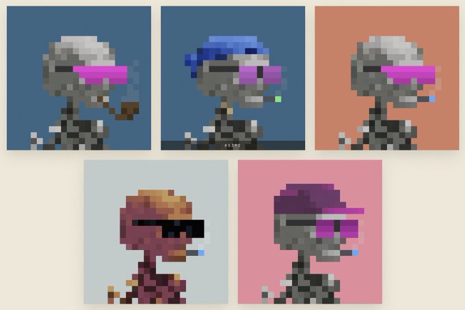 Five pixel art skeletons wearing colorful visors (pink, purple, blue) and smoking cigarettes are displayed against various solid-colored backgrounds in a grid layout.
