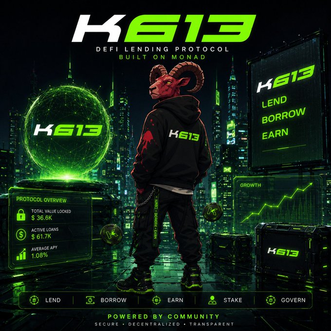 Promotional graphic for 'K613' DeFi lending protocol built on Monad, featuring an anthropomorphic ram character in a cyberpunk setting with stats like $36.6K Total Value Locked.