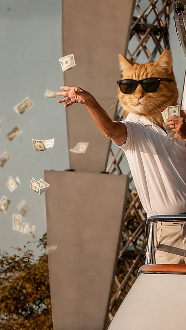 A humorous photo of a person in a white t-shirt with a cat's head edited on, wearing sunglasses and throwing dollar bills in the air.