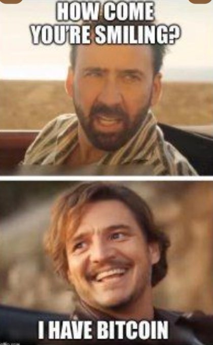 The image is a two-panel meme showing Nicolas Cage and Will Ferrell in a serious-then-smiling exchange, with text reading "HOW COME YOU'RE SMILING?" above Cage and "I HAVE BITCOIN" below Ferrell, humorously suggesting that owning Bitcoin makes everything worth smiling about.