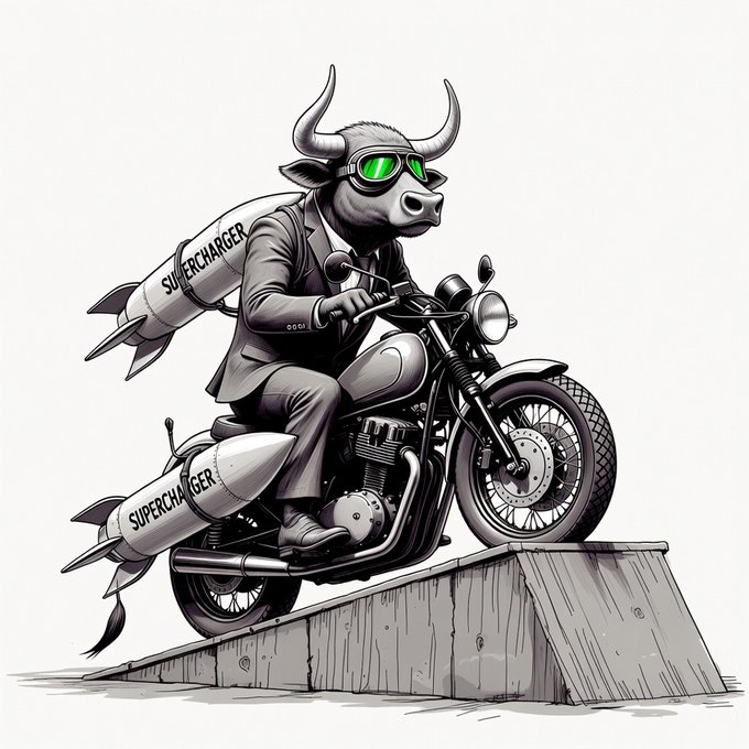 A black and white stylized illustration of a bull wearing a suit and green sunglasses riding a motorcycle with rocket boosters labeled 'SUPERCHARGER' attached to it, launching off a wooden ramp.