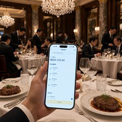 A hand holds a smartphone displaying a transfer screen with the amount 'SG$4,123.56' in front of a fine dining restaurant setting. Elegantly dressed people sit at tables with white tablecloths under ornate chandeliers in the background.