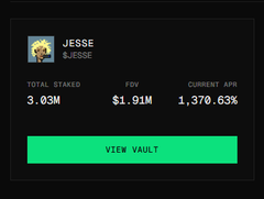 The image displays a trading dashboard for the ticker $jesse on Bullx, showing a total staked value of 3.03M, FDV of $1.91M, and an impressive current APY of 1,370.63%, with a "View Vault" button below. This reflects strong performance metrics for the $jesse token vault, highlighting its high staking rewards.