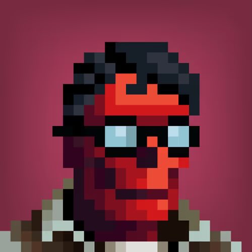 A pixel art portrait of a red-skinned character with black hair and light blue eyes against a solid magenta background.