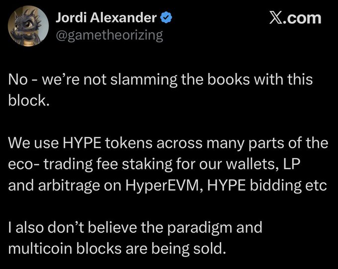 A tweet from Jordi Alexander (@gametheorizing) discussing the use of HYPE tokens for trading fees, staking, LP, arbitrage on HyperEVM, and HYPE bidding.