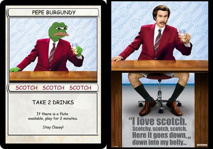 A trading card parody featuring 'Pepe Burgundy' as a green frog in a red suit with the text 'SCOTCH SCOTCH SCOTCH' and 'TAKE 2 DRINKS', alongside an image of Ron Burgundy with the quote 'I love scotch. Scotchy, scotch, scotch. Here it goes down, down into my belly...'