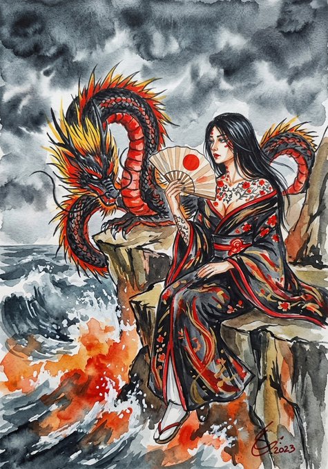 Watercolor-style illustration of a woman in a black floral kimono holding a traditional Japanese fan, sitting on a rocky cliff beside a red and yellow dragon, with stormy seas and clouds in the background.