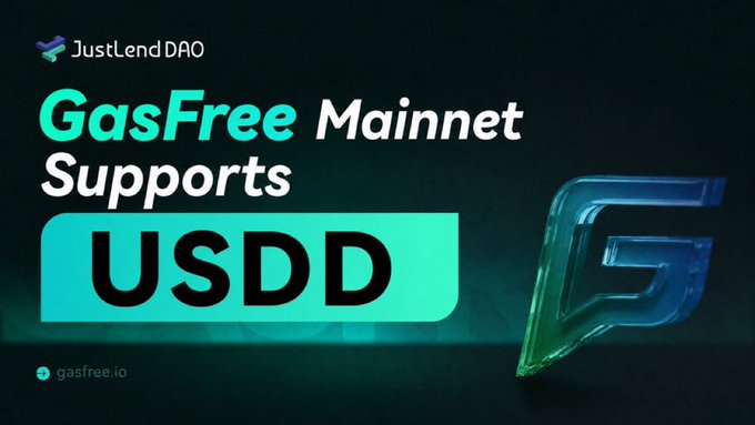 A digital advertisement for JustLend DAO announcing that its 'GasFree Mainnet Supports USDD' with the gasfree.io URL displayed.
