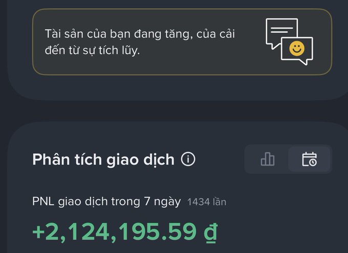 A Vietnamese-language trading app screenshot showing a message bubble stating "Tài sản của bạn đang tăng, của cải đến từ sự tích lũy," with a "Phân tích giao dịch" (transaction analysis) section showing "PNL giao dịch trong 7 ngày 1434 lần" and a profit of "+2,124,195.59 đ" in green.