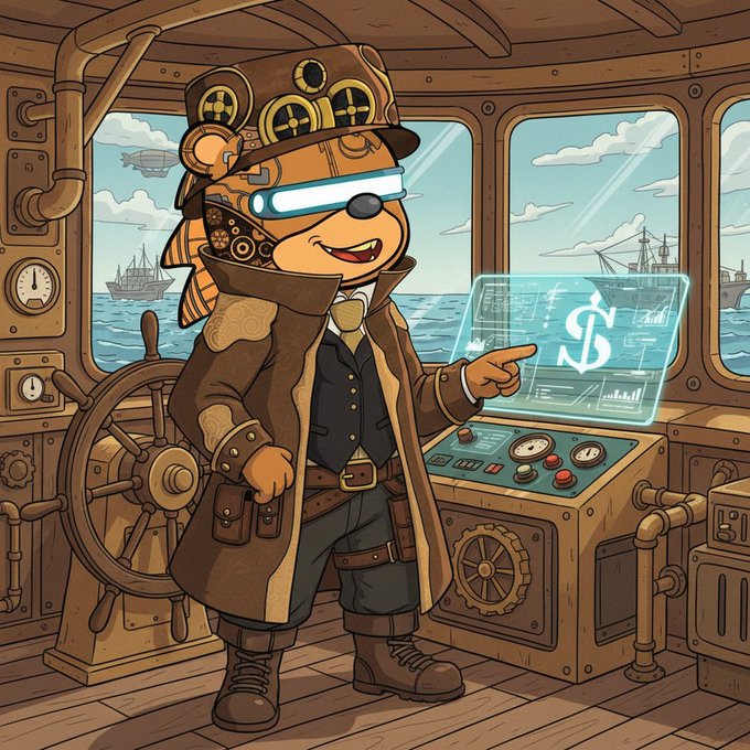 A cartoon bear character dressed as a steampunk captain stands at the wheel of a ship, pointing at a holographic screen displaying a dollar sign, with ocean and other ships visible through the windows.