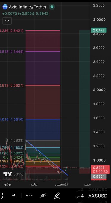 A TradingView chart of AXS/USDT shows the price at 0.8943, up 0.85%, with horizontal resistance lines marking the bullish targets from 0.985 up to 2.842, visualized alongside a descending trendline suggesting a potential breakout setup.