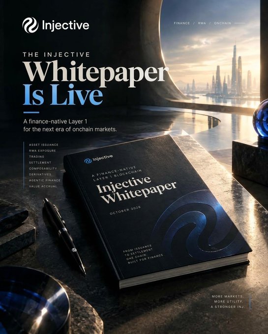 A promotional poster for Injective whitepaper displays text including 'THE INJECTIVE Whitepaper Is Live' and 'A FINANCE-NATIVE LAYER 1 BLOCKCHAIN' against a futuristic cityscape.