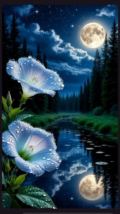 iced flowers with dew drops and a full moon are reflected on the water's surface, creating a serene nighttime scene.