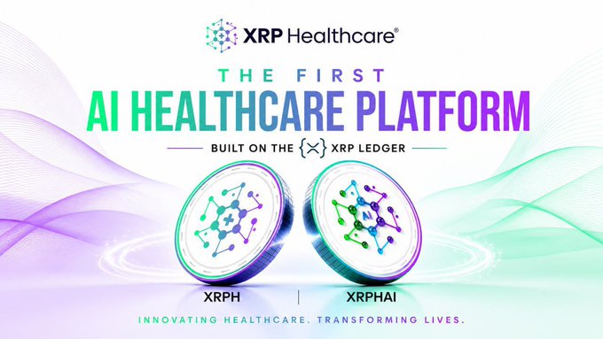 An advertisement for 'XRP Healthcare' promoting 'THE FIRST AI HEALTHCARE PLATFORM' built on the XRP Ledger, featuring tokens XRPH and XRPHAI.