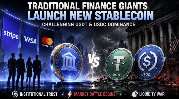 The image features a poster for a new stablecoin that has been launched by big players like Stripe, Visa, and Mastercard. The poster shows three different coins with varying designs and colors against a dark background. The text on the poster states "Traditional Finance Giants Launch New StableCoin Challenging USDT & USDC Domination". This suggests that these major financial institutions are collaborating to create a new stablecoin in order to challenge traditional finance giants like Bitcoin.