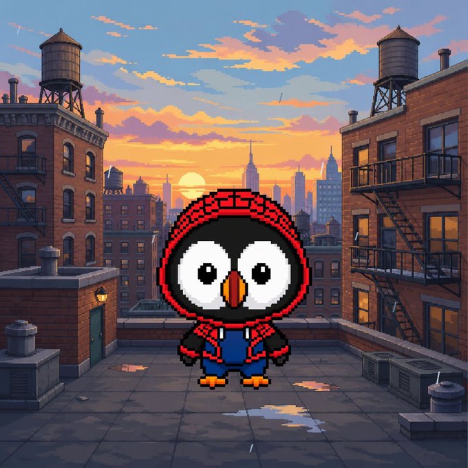 Pixel art illustration of a baby penguin character in a red Spider-Man hooded outfit and blue overalls standing on a rooftop with a New York City skyline at sunset in the background.