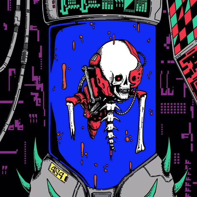 A stylized illustration of a cybernetic skull with red mechanical components and exposed spine displayed within a blue-lit containment unit, surrounded by colorful circuit patterns.
